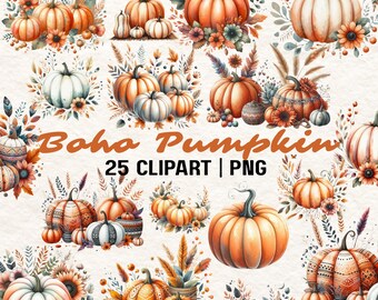 25 Clipart acquerello di zucca boho: immagini PNG autunnali (download digitale)