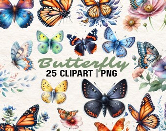 25 Watercolor Butterfly Clipart: Colorful Floral PNG (Digital Download)