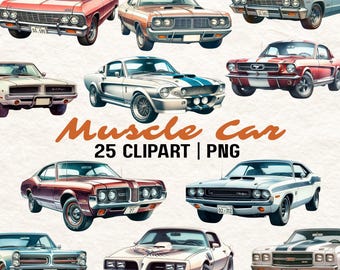25 Watercolor Muscle Car Clipart: Classic Car PNG (Digital Download)