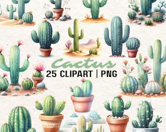 Set di clipart di cactus ad acquerello: piante grasse del deserto PNG (download digitale 2000x2000px)