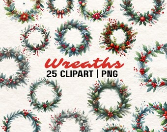 Clipart acquerello di ghirlande natalizie: set PNG per le vacanze (download digitale)