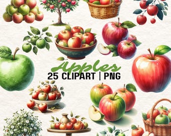 Watercolor Apple Clipart: Apple Tree PNG Set (Digital Download)