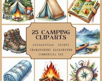 25 Clipart acquerello campeggio / Sfondo trasparente / Acquerello / Download immediato / PNG