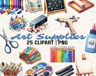 Clipart di materiali artistici per acquerelli: 25 illustrazioni PNG (download digitale)