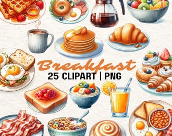 Clipart ad acquerello per la colazione: illustrazioni di cibo, pancake e croissant (download immediato PNG)