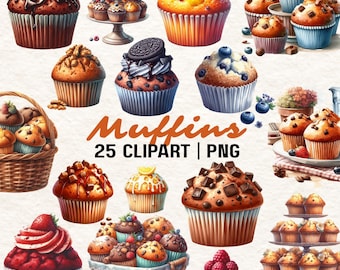 25 Clipart acquerello di muffin: immagini PNG di prodotti da forno (download digitale)