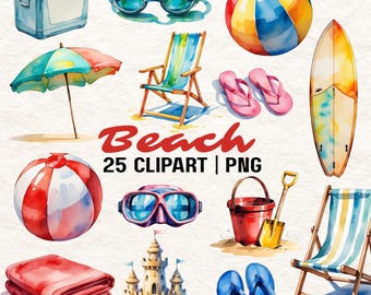 Clipart acquerello spiaggia: grafica PNG per vacanze estive (download digitale)