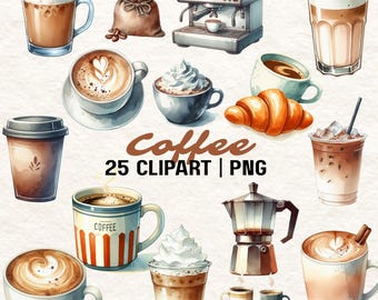Clipart acquerello di caffè: tazze da caffè, chicchi, caffè (download digitale)