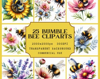 25 Clipart acquerello di bombi: giardino primaverile PNG (download digitale)