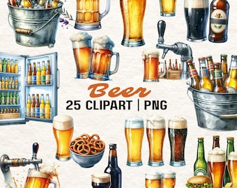 25 Clipart di acquerelli di birra: boccali, bottiglie, bicchieri (download digitale PNG)