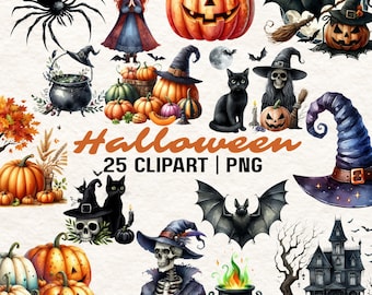 25 Halloween Watercolor Clipart: Spooky PNG Images (Digital Download)