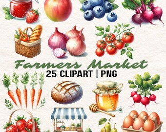 Farmers Market Watercolor Clipart: Fresh Produce PNG (Digital Download)