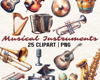 Clipart di strumenti musicali ad acquerello: pianoforte, chitarra, violino (download digitale PNG)