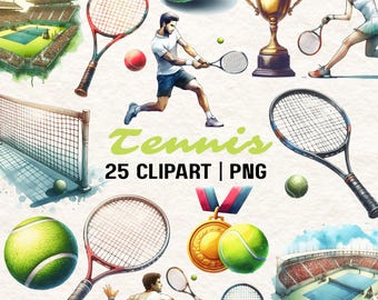 Tennis Watercolor Clipart: Rackets, Balls, Players (PNG Digital Download)