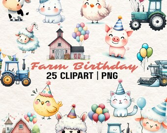 Farm Birthday Watercolor Clipart | 25 PNG Animals (Digital Download)