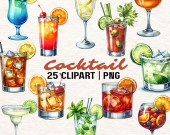 Clipart di cocktail ad acquerello: 25 illustrazioni di bevande in formato PNG (download digitale)