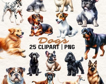 25 Dog Breeds Watercolor Clipart: Puppy PNG (Digital Download)