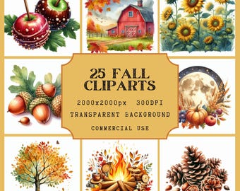 Fall Watercolor Clipart: Autumn Leaves, Pumpkins (PNG Digital Download)