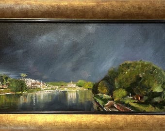 May include: A painting of a river scene with a double rainbow in the sky. The river is in the foreground, and there are trees and buildings on the banks. The sky is dark and stormy, but the rainbow is bright and colorful.