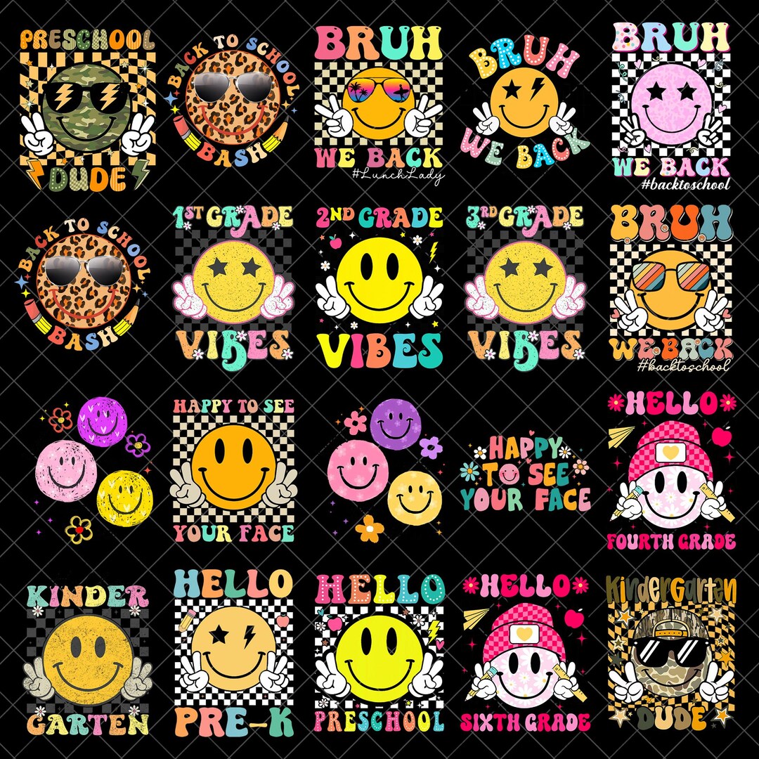 Back to School Smiley Face Png Bundle, First Day Preschool Kindergarten ...
