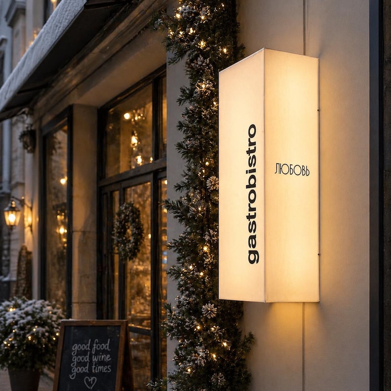 K&ouml;nnte beinhalten: Ein rechteckiges, beleuchtetes Wandleuchtschild mit wei&szlig;er Oberfl&auml;che, das den vertikal ausgerichteten schwarzen Schriftzug "gastrobistro" sowie den kyrillischen Text "ЛЮБОВЬ" in Schwarz zeigt. Das Schild ist an einer hellen Au&szlig;enwand montiert.