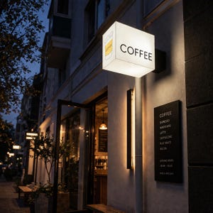 K&ouml;nnte beinhalten: Ein quadratisches, beleuchtetes wei&szlig;es Schild mit dem Wort COFFEE und einer Grafik einer Kaffeetasse an einer Geb&auml;udewand. Darunter befindet sich eine schwarze vertikale Men&uuml;tafel mit Kaffeesorten wie Espresso, Americano, Latte und Mocha.