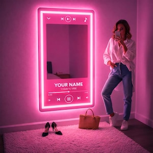 Letrero de neón con espejo estilo reproductor de música personalizado, pantalla de música con luz LED de espejo, decoración de pared moderna y estética para dormitorio, regalo de inauguración de casa