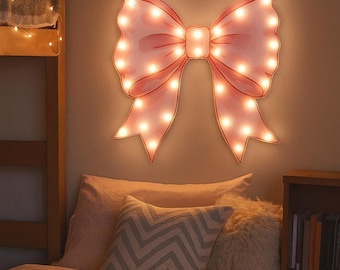 Pink Bows Wall Art,Bows LED light sign,Pink Blue Bow Watercolor decor,Dorm room decor,College Apartment Decor,back to school gift for kids