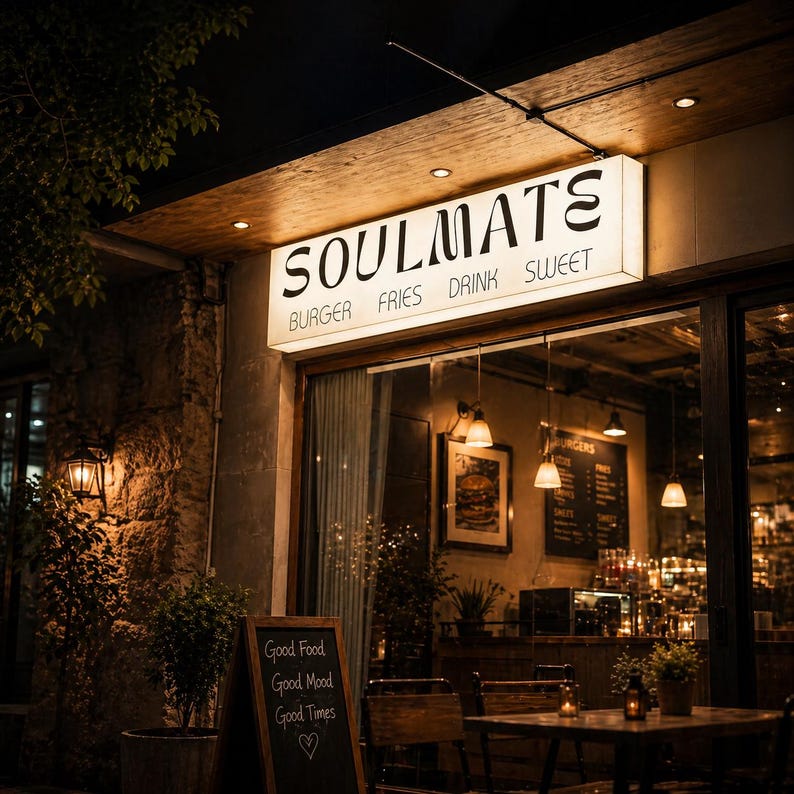 K&ouml;nnte beinhalten: Ein rechteckiges, beleuchtetes Ladenschild zeigt das Wort SOULMATE in gro&szlig;en schwarzen Buchstaben, darunter die W&ouml;rter BURGER FRIES DRINK SWEET. Ein Kreidetafel-Schild davor zeigt Good Food, Good Mood, Good Times mit einem Herzsymbol.