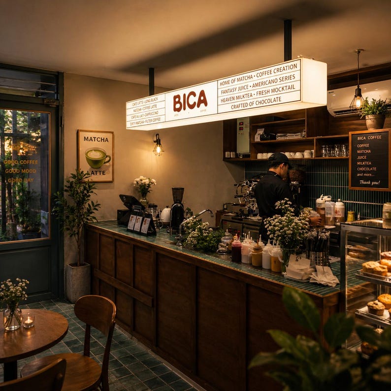 K&ouml;nnte beinhalten: Ein Caf&eacute;-Innenraum mit einer langen Holztheke mit t&uuml;rkisfarbenen Fliesen, einem rechteckigen Leuchtschild mit der Aufschrift BICA und einer Men&uuml;tafel f&uuml;r Matcha, Kaffee und S&auml;fte. Eine Person in Schwarz arbeitet hinter der Theke an einer Vitrine.