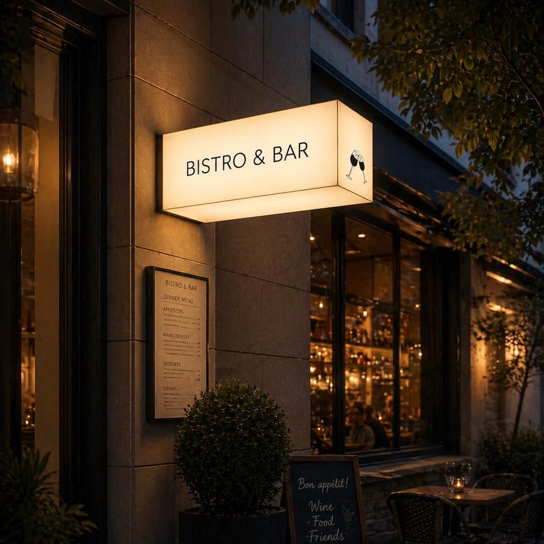 May include: A lit rectangular sign reading "BISTRO & BAR" in black, with a wine glass graphic. The sign is on a stone building. Below, a menu and a chalkboard sign with text are visible. The scene is set at dusk, with warm lighting.