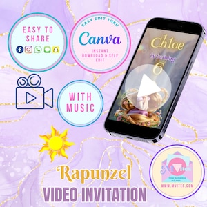 Modèle d'invitation d'anniversaire modifiable PRINCESS, invitation vidéo emmêlée, animation, invitation à une soirée fille sur le thème de la princesse à modifier soi-même