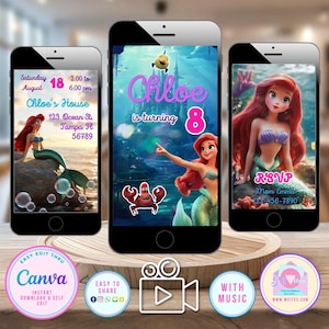 Modèle d'invitation vidéo petite sirène, faire-part d'anniversaire Ariel, faire-part de sirène électronique, sirène Ariel Invitation fête de filles