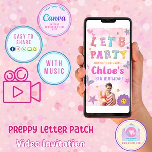 Invitación con letra de parche editable, invitación de cumpleaños para niña, fiesta con parche universitario, invitación preppy, Canva editable