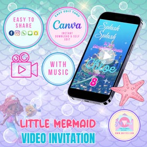 Mermaid Dark Skin Video Invitation Template, Ariel Birthday Invitation, Electronic Mermaid Invitation, Mermaid Ariel Invitation Girls Party