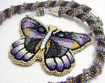 Bead Embroidered Purple Butterfly Necklace