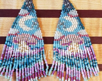 Cottagecore Beaded Mushroom Earrings Long Fringe Handmade in USA