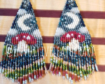 Cottagecore Beaded Mushroom Earrings Long Fringe Handmade in USA