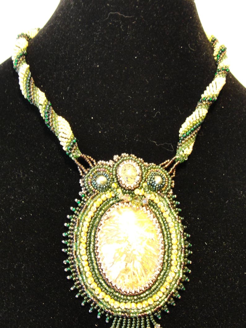 Bead Embroidered Spiral Rope Necklace Earthy Green Mood Etsy