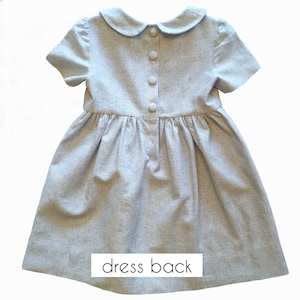 Op de afbeelding: Een lichtblauwe jurk met een peter pan kraag en knoopsluiting aan de achterkant. De jurk heeft een geplooide rok en korte mouwen. "dress back" staat in zwarte tekst onderaan de afbeelding.
