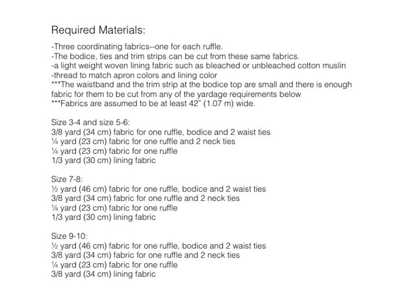 May include: A chart listing the required materials for a sewing project. The chart lists the amount of fabric needed for different sizes of the project. The chart includes measurements in both yards and centimeters.