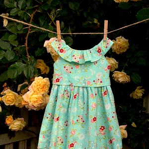 May include: A light blue dress with a floral pattern of red and pink flowers, hanging on a clothesline with wooden clothespins. The dress has a ruffled neckline and is surrounded by yellow roses.