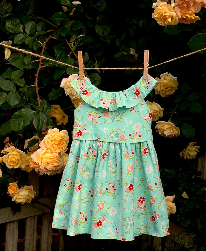 May include: A light blue dress with a floral pattern of red and pink flowers, hanging on a clothesline with wooden clothespins. The dress has a ruffled neckline and is surrounded by yellow roses.