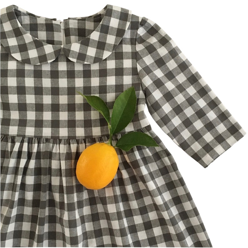 Puede incluir: Un vestido de cuadros vichy gris y blanco con cuello de Peter Pan y mangas largas. Una sola naranja se coloca en la parte delantera del vestido.