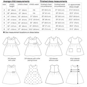 Puede incluir: Un gr&aacute;fico que muestra las medidas de los vestidos para las tallas de ni&ntilde;os de 2 a 8. El gr&aacute;fico incluye medidas de pecho, cintura y largo del vestido en pulgadas y cent&iacute;metros. El gr&aacute;fico tambi&eacute;n incluye ilustraciones de diferentes estilos de vestidos, incluyendo mangas 3/4 con y sin cuello, mangas cortas con bolsillos y estilos sin mangas.