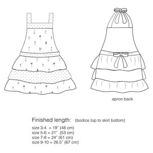 May include: Line drawing of a tiered apron with a bow at the neck. The apron has a floral print with small white flowers and polka dots. The finished length is 19 inches for sizes 3-4, 21 inches for sizes 5-6, 24 inches for sizes 7-8, and 26.5 inches for sizes 9-10.