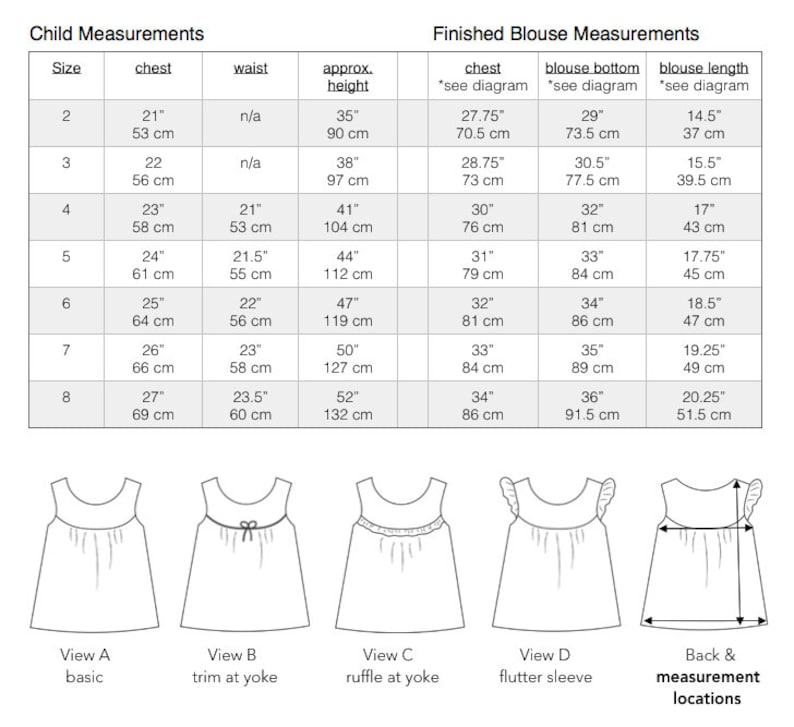 May include: Chart with measurements for a child's blouse in inches and centimeters. The chart includes measurements for the chest, waist, and approximate height. There are also measurements for the finished blouse, including the chest, bottom, and length. The chart is accompanied by five illustrations of different blouse styles.