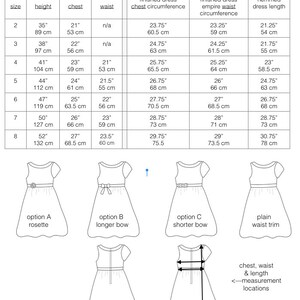 May include: Chart showing average body measurements for girls sizes 2-8, along with finished dress measurements for different dress styles. The chart includes measurements for height, chest, waist, chest circumference, empire waist circumference, and dress length. The dress styles include a rosette, a longer bow, a shorter bow, and a plain waist trim.