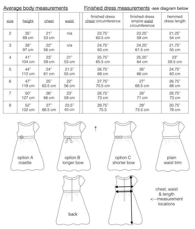May include: Chart showing average body measurements for girls sizes 2-8, along with finished dress measurements for different dress styles. The chart includes measurements for height, chest, waist, chest circumference, empire waist circumference, and dress length. The dress styles include a rosette, a longer bow, a shorter bow, and a plain waist trim.