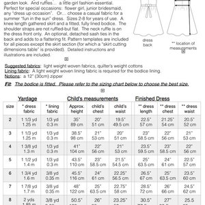 May include: A sewing pattern with detailed instructions for a girl's dress, featuring a knee-length gathered skirt and a fitted bodice. Includes measurements in inches and centimeters for sizes 2-8, with fabric suggestions and a 12-inch zipper.